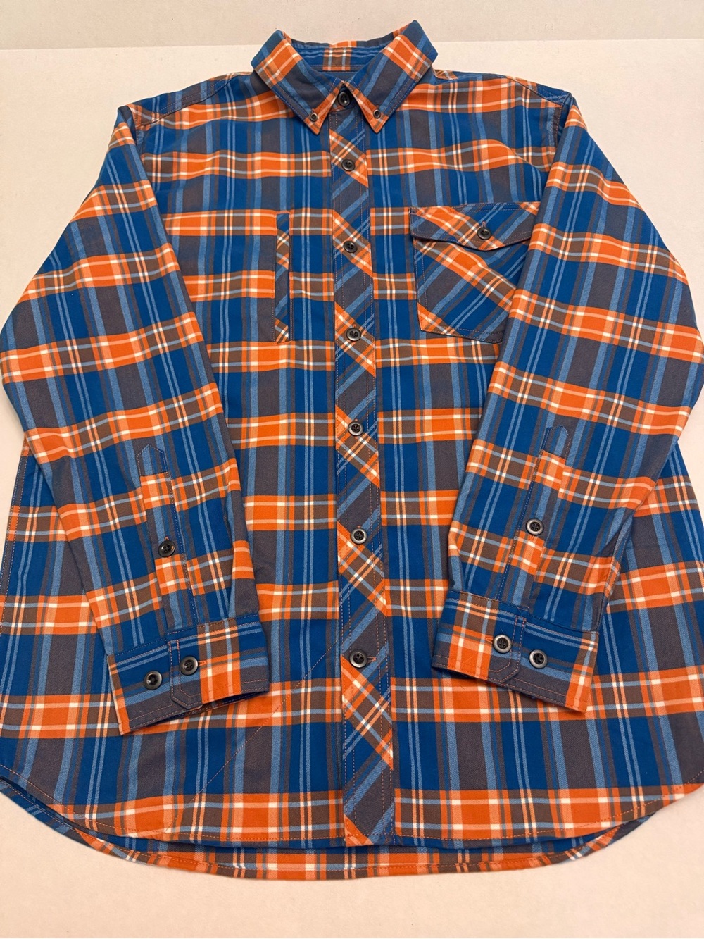 Alaskan Hardgear by Duluth Men's Blue Orange Plaid Flannel Button-Up Shirt Large